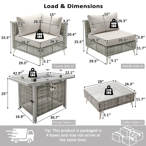 patio 8-Piece Patio Furniture Set with 43" Fire Pit Table, Outdoor Conversation Set & 60,000 BTU 43 Inch Rectangle Propane Fire Pit with Water Resistant Grey Thick Cushions, Grey
