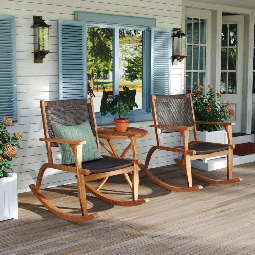 2 Pieces Patio Rocking Chair Set, Acacia Wood Outdoor Rockers with Wicker Rattan Seat & Backrest, Comfortable Garden Porch Chairs for Backyard, Balcony, and Poolside, Dark Brown