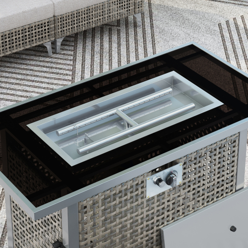 patio 8-Piece Patio Furniture Set with 43" Fire Pit Table, Outdoor Conversation Set & 60,000 BTU 43 Inch Rectangle Propane Fire Pit with Water Resistant Grey Thick Cushions, Grey