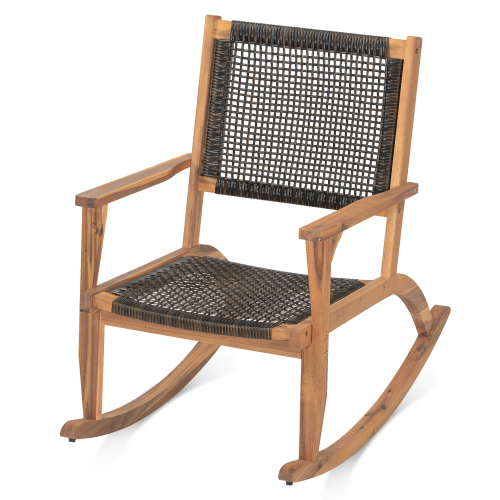 2 Pieces Patio Rocking Chair Set, Acacia Wood Outdoor Rockers with Wicker Rattan Seat & Backrest, Comfortable Garden Porch Chairs for Backyard, Balcony, and Poolside, Dark Brown