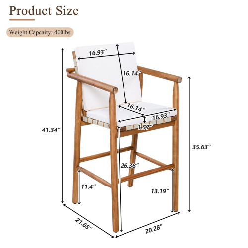 Outdoor Counter Height Bar Stools Chair Set of 2, Modern Patio Acacia Wooden Stools with Backrest Arm and Webbing Seat, for Patio, Pool, Garden, Beige Cushions Included