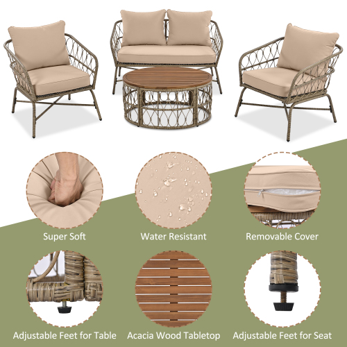 Bohemia-inspired 4-Person Outdoor Seating Group With Removable Cushions, Conversation Patio Set With Wood Tabletop, Beige