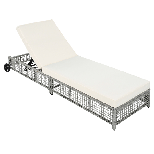 Outdoor Lounge Chair, Patio Chaise Lounge with 5-Position Backrest, Rattan Outdoor Lounge Chair with Cushion and Wheels for Poolside, Backyard, Garden (Grey+Beige)