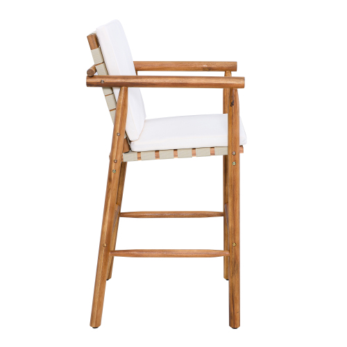 Outdoor Counter Height Bar Stools Chair Set of 2, Modern Patio Acacia Wooden Stools with Backrest Arm and Webbing Seat, for Patio, Pool, Garden, Beige Cushions Included