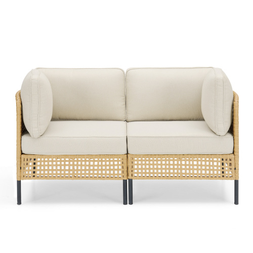 Outdoor Natural Wicker Sofa Boho Patio Sectional Loveseat Furniture Set with Beige Csuhions