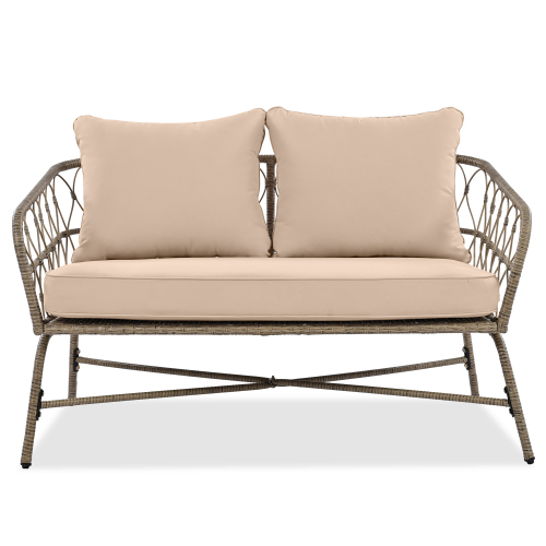 Bohemia-inspired 4-Person Outdoor Seating Group With Removable Cushions, Conversation Patio Set With Wood Tabletop, Beige