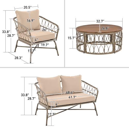 Bohemia-inspired 4-Person Outdoor Seating Group With Removable Cushions, Conversation Patio Set With Wood Tabletop, Beige