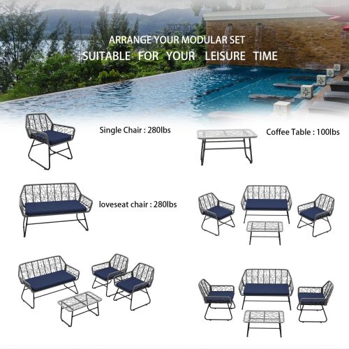 4-piece wicker patio furniture set with tempered glass table, detachable blue cushion cover for easy cleaning,Suitable for backyard, balcony, etc