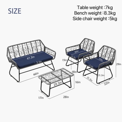 4-piece wicker patio furniture set with tempered glass table, detachable blue cushion cover for easy cleaning,Suitable for backyard, balcony, etc
