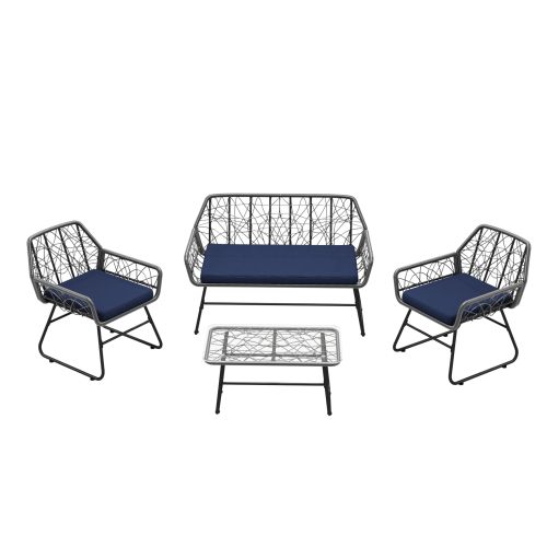 4-piece wicker patio furniture set with tempered glass table, detachable blue cushion cover for easy cleaning,Suitable for backyard, balcony, etc