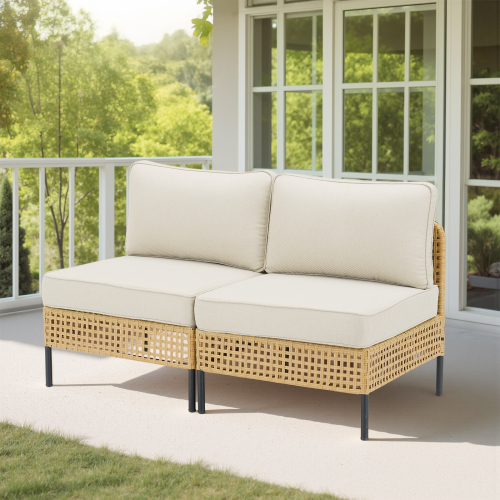Outdoor Natural Wicker Sofa Boho Patio Sectional Loveseat Furniture Set with Beige Csuhions