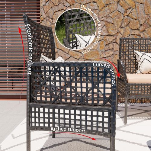 4 Pieces Outdoor Patio Furniture Set,PE Rattan Wicker Garden Conversation Chairs with Tempered Glass Table and Soft Cushions for Backyard Pool or Lawn
