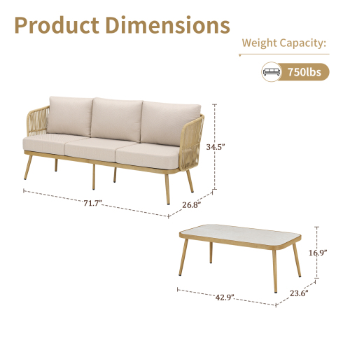 Outdoor Wicker Rattan Patio Furniture All-Weather 3-Seat Sofa with Coffee Table for Garden, Backyard, Porch