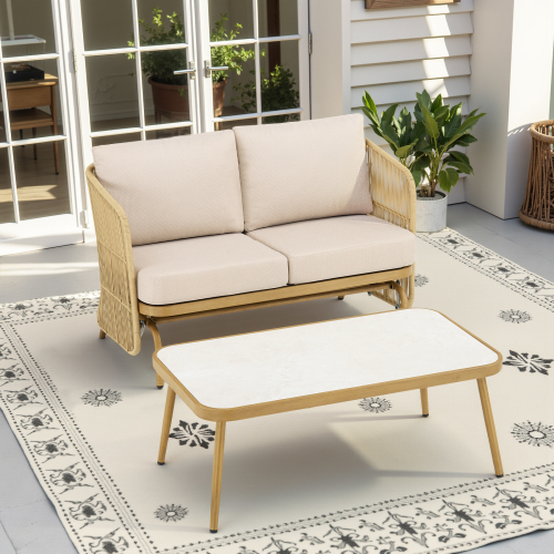 2-Person All-Weather PE Rattan Glider Loveseat with Coffee Table, Outdoor Patio Sofa Set with Beige Cushions (Weather-Resistant)
