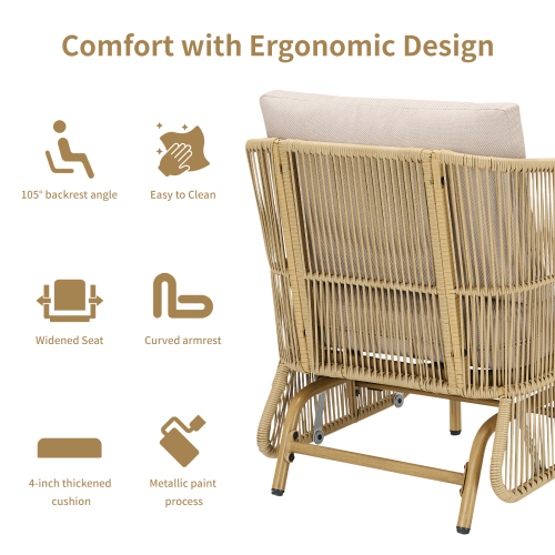 2-Person All-Weather PE Rattan Glider Loveseat with Coffee Table, Outdoor Patio Sofa Set with Beige Cushions (Weather-Resistant)