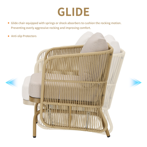 2-Person All-Weather PE Rattan Glider Loveseat with Coffee Table, Outdoor Patio Sofa Set with Beige Cushions (Weather-Resistant)