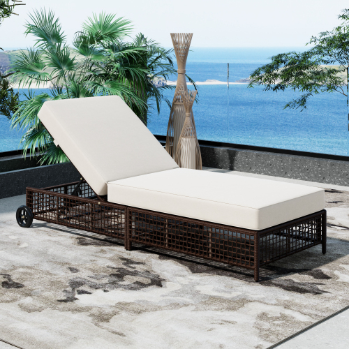 Outdoor Lounge Chair, Patio Chaise Lounge with 5-Position Backrest, Rattan Outdoor Lounge Chair with Cushion and Wheels for Poolside, Backyard, Garden (Brown+Beige)
