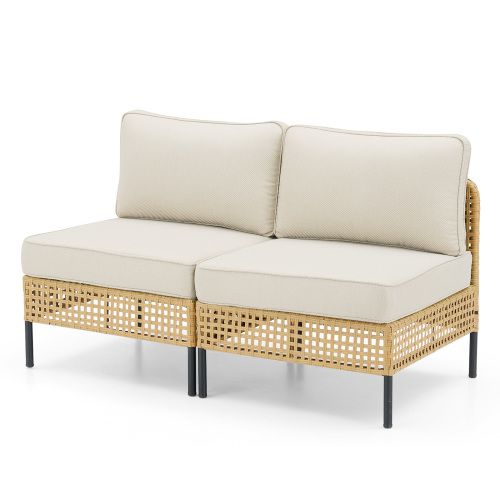 Outdoor Natural Wicker Sofa Boho Patio Sectional Loveseat Furniture Set with Beige Csuhions