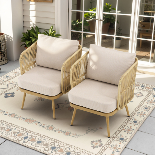 2-Piece All-Weather PE Wicker Patio Chairs Set with 4" High-Density Cushions, Rattan Barrel Chairs for Porch, Backyard, Garden