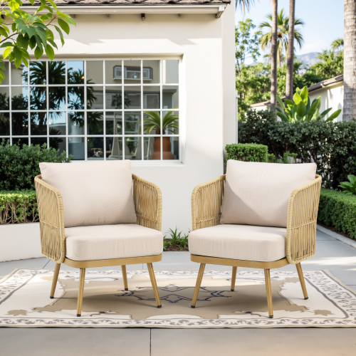 2-Piece All-Weather PE Wicker Patio Chairs Set with 4" High-Density Cushions, Rattan Barrel Chairs for Porch, Backyard, Garden