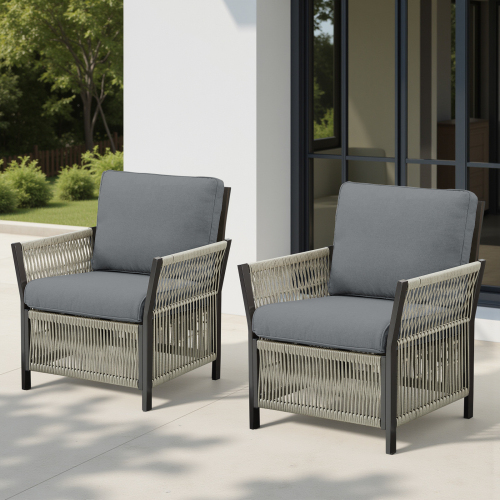 Outdoor Patio Arm Chairs Set of 2, Wicker Furniture Patio Lounge Chairs Ideal for Porch, Poolside, Deck, and Yard in Gray